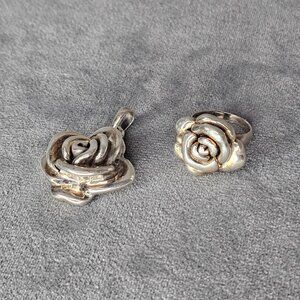 Vintage Rose Sterling Silver Hollow Puffy Drop Pendant and Ring set size 5 JE-26